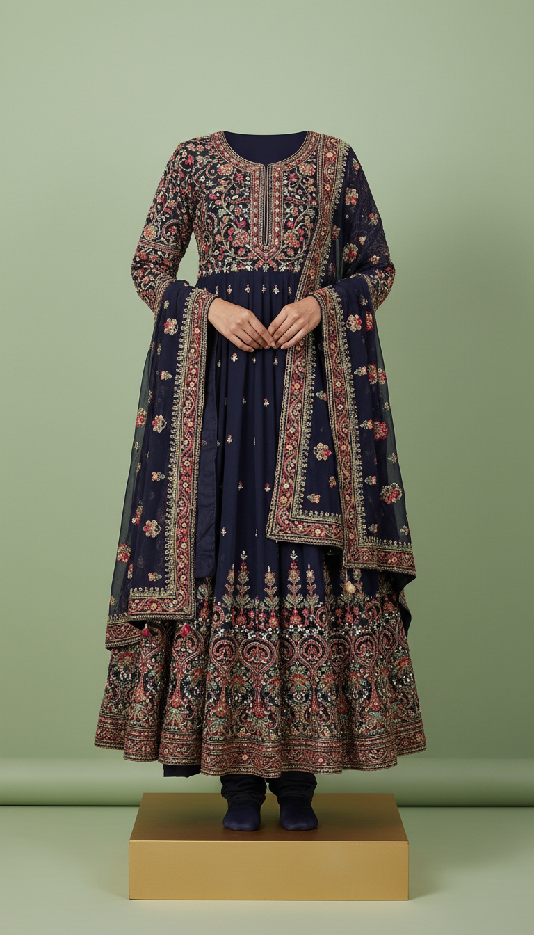 Deep indigo georgette 3-piece ensemble with ornate detailing