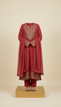 Rose vermilion chiffon kurti set with gold accents