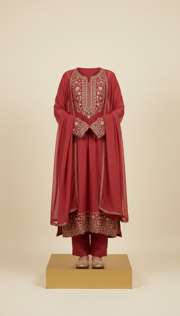 Rose vermilion chiffon kurti set with gold accents